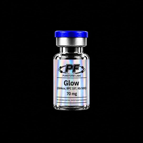 GLOW™ – GHK-Cu / BPC-157 / TB-500 Research Blend (70mg) - PureForm Labs Clear glass vial with a blue cap, label reads 'PF Pureform Labs, GLOW™ – GHK-Cu / BPC-157 / TB-500 Research Blend (70mg)' and 'For Laboratory Use Only - Not for Human Consumption'