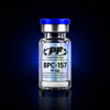 Glass vial with blue cap labeled BPC-157 10 mg from Pureform Labs, for laboratory use only.
