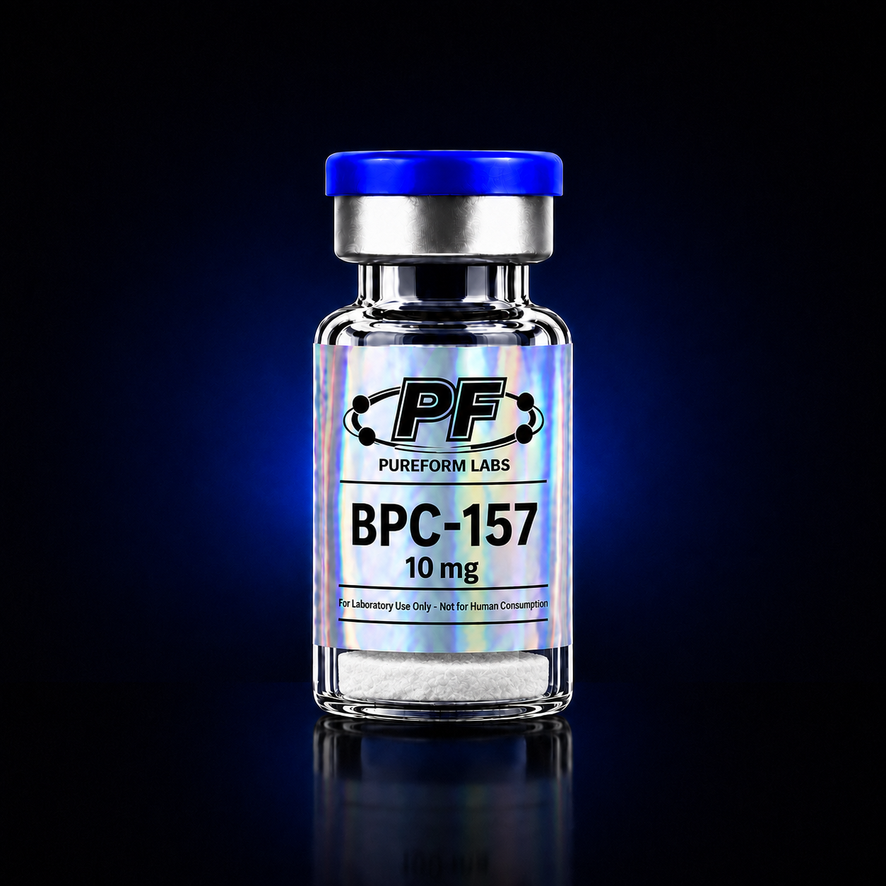 BPC-157 (10mg) - PureForm Labs - PureForm Labs Glass vial with blue cap labeled BPC-157 10 mg from Pureform Labs, for laboratory use only.