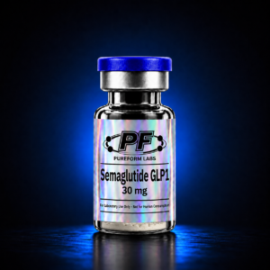 Glass vial with blue cap and holographic label reading Semaglutide GLP1 30 mg; for laboratory use only.