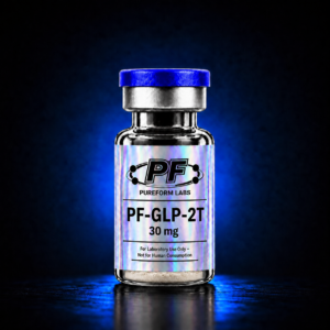 PF-GLP-2T-30mg - PureForm Labs PureForm Labs PF-GLP-2T 30 mg research vial with holographic label and blue cap.