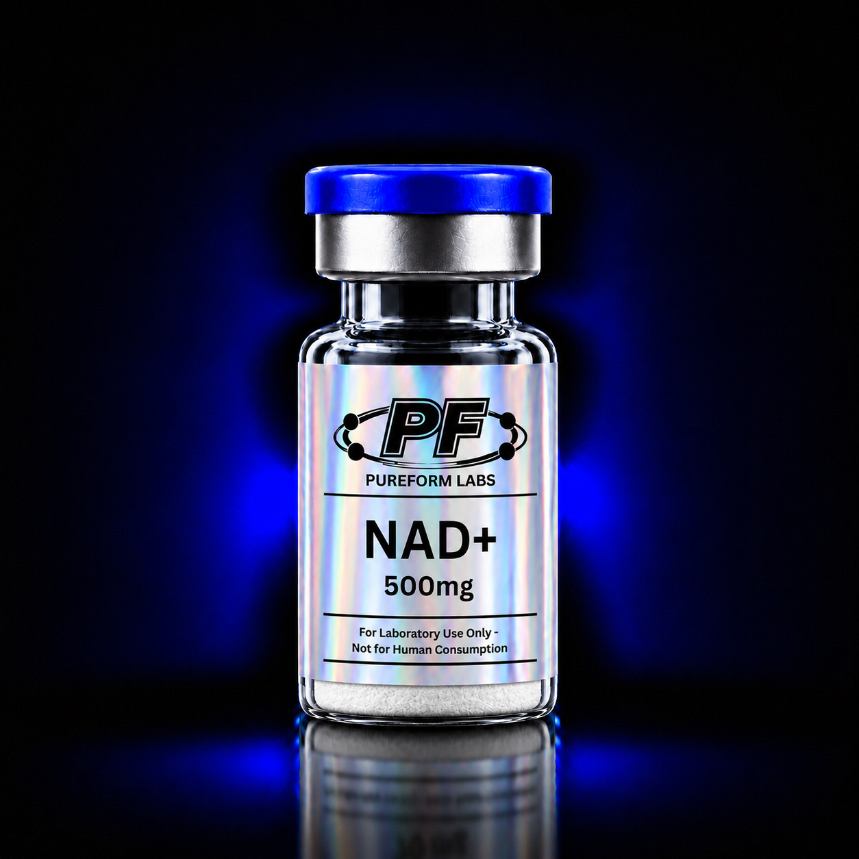 Nad+ 500mg - PureForm Labs - PureForm Labs Vial labeled NAD+ 500mg from PureForm Labs with a blue cap, for laboratory use only (not for human consumption).