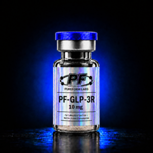 PF‑GLP‑3R — 10 mg - PureForm Labs PureForm Labs PF-GLP-3R 10 mg research vial with holographic label and blue cap.