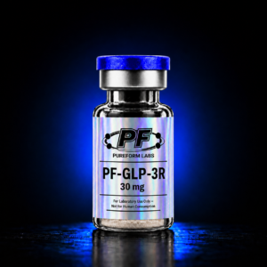 PF‑GLP‑3R — 30 mg - PureForm Labs PureForm Labs PF-GLP-3R 30 mg research vial with holographic label and blue cap.