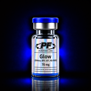 GLOW™ – GHK-Cu / BPC-157 / TB-500 Research Blend (70mg) - PureForm Labs - PureForm Labs Glass vial with blue cap and holographic label reading 'PF Pureform Labs' and 'Glow' with '70 mg' and 'For Laboratory Use Only – Not for Human Consumption'