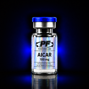 AICAR -100mg - PureForm Labs - PureForm Labs AICAR 100 mg vial from Pureform Labs, blue cap, holographic label, glowing blue backdrop.