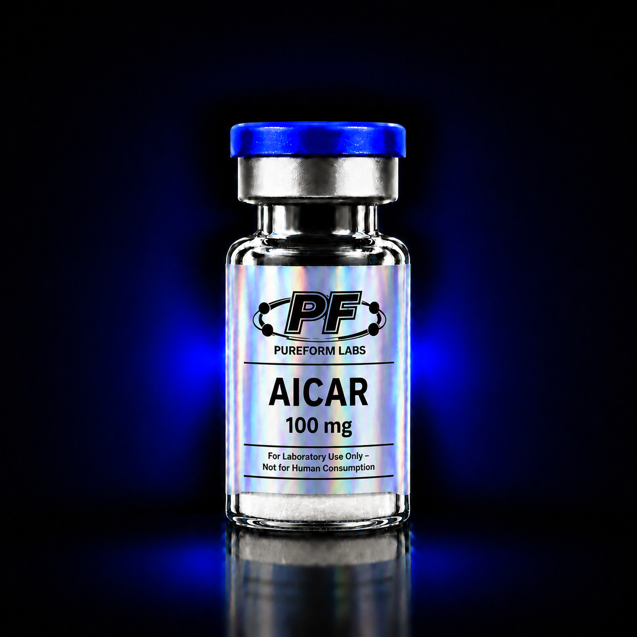 AICAR -100mg - PureForm Labs - PureForm Labs AICAR 100 mg vial from Pureform Labs, blue cap, holographic label, glowing blue backdrop.