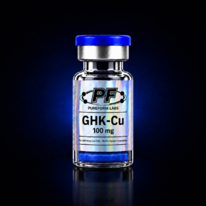 GHK-Cu (100mg) - PureForm Labs - PureForm Labs Clear glass vial with a blue cap, holographic label reading GHK-Cu 100 mg from PureForm Labs, for laboratory use only (not for human consumption).