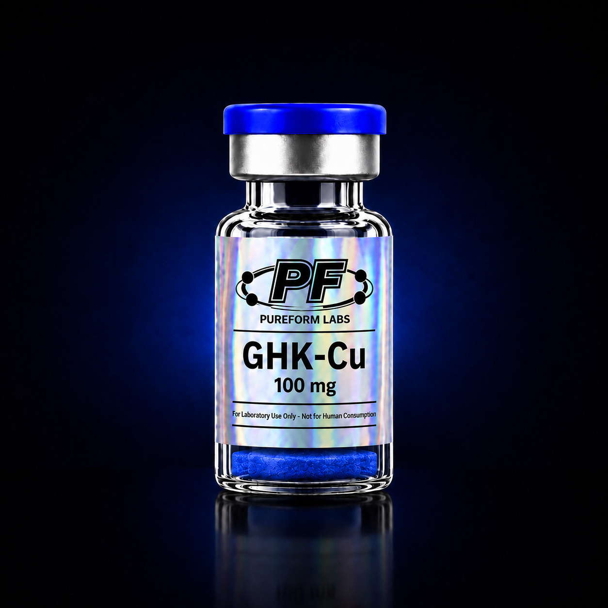 GHK-Cu (100mg) - PureForm Labs - PureForm Labs Clear glass vial with a blue cap, holographic label reading GHK-Cu 100 mg from PureForm Labs, for laboratory use only (not for human consumption).