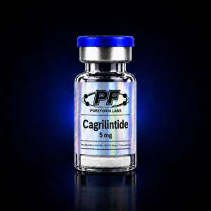 Cagrilintide - 5mg - PureForm Labs - PureForm Labs Glass vial with blue cap, labeled 'Cagrilintide 5 mg' from PureForm Labs; note 'For Laboratory Use Only' (not for human consumption).