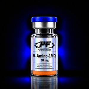 5-Amino-1MQ – 50mg - PureForm Labs - PureForm Labs Clear glass vial with a blue cap, label reads 'PF Pureform Labs, 5-Amino-1MQ, 50 mg' and 'For Laboratory Use Only - Not for Human Consumption'