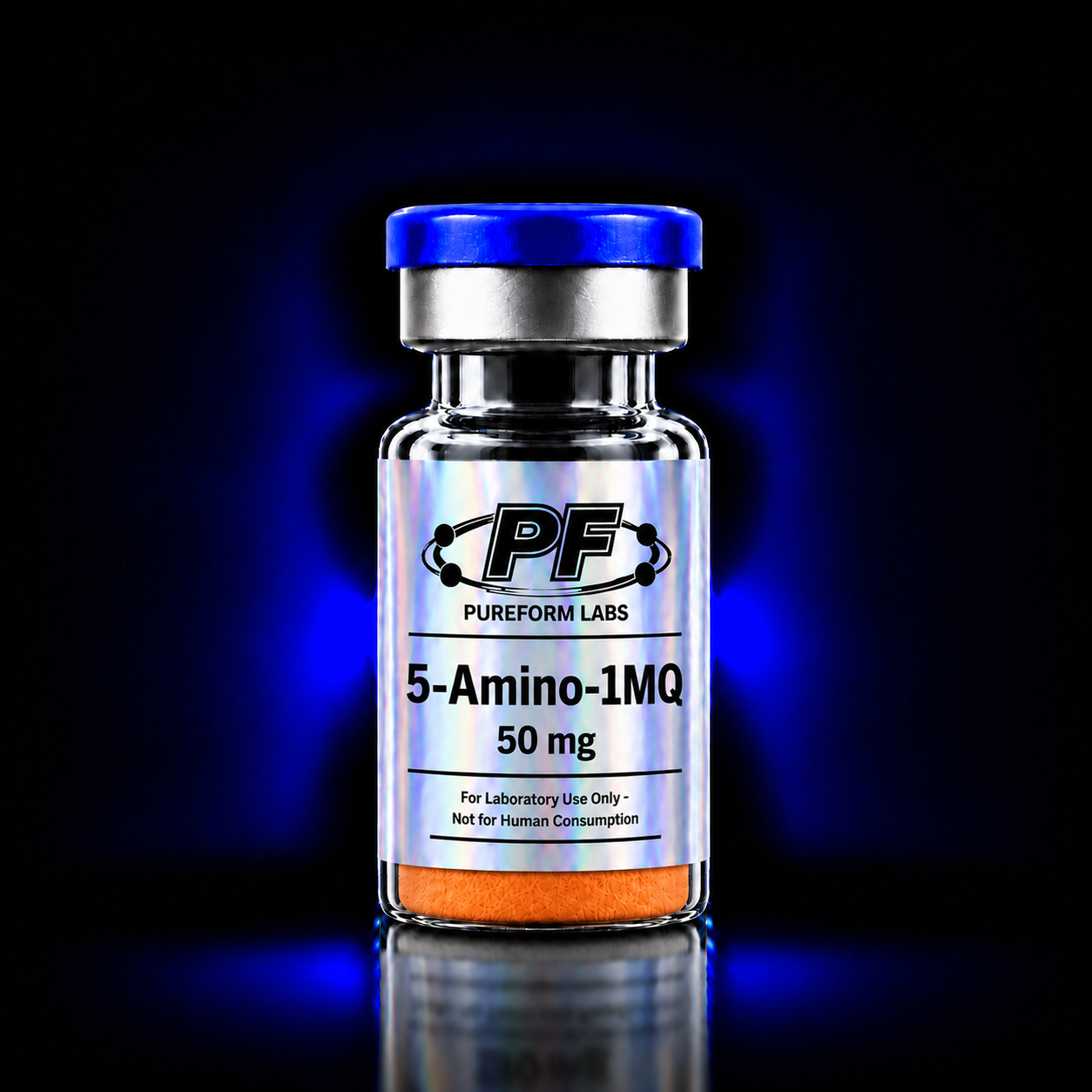 5-Amino-1MQ – 50mg - PureForm Labs - PureForm Labs Clear glass vial with a blue cap, label reads 'PF Pureform Labs, 5-Amino-1MQ, 50 mg' and 'For Laboratory Use Only - Not for Human Consumption'
