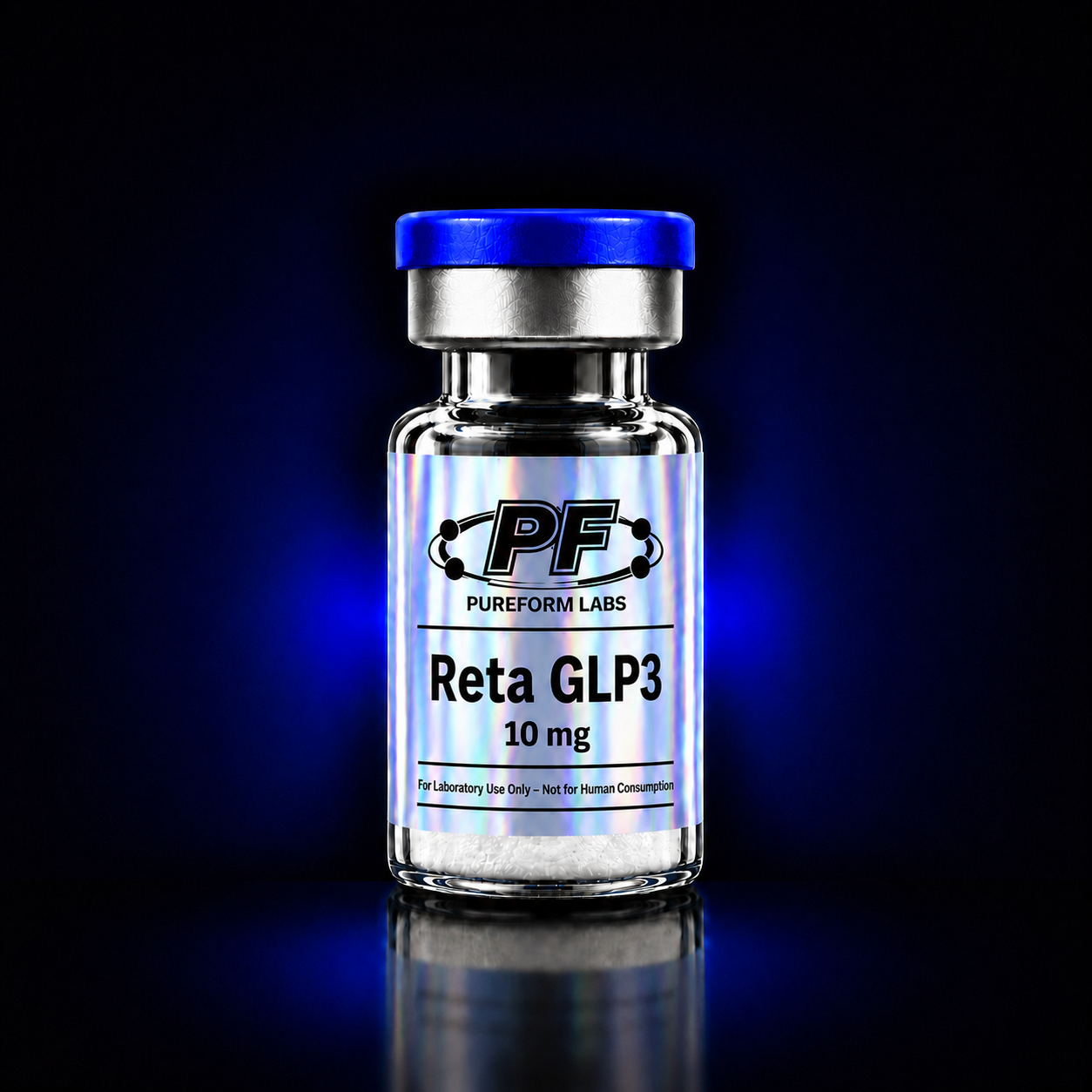Retatrutide (GLP-1/GIP/Glucagon) – 10mg - PureForm Labs - PureForm Labs Clear glass vial with a blue cap, holographic label reading 'Reta GLP3 10 mg' from PureForm Labs, set against a dark blue glow.