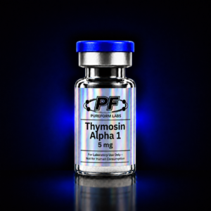 Thymosin Alpha 1 - 5mg - PureForm Labs - PureForm Labs Vial labeled Thymosin Alpha 1 (5 mg) from Pureform Labs, set against a dark blue background with a holographic label and blue cap (lab use product).