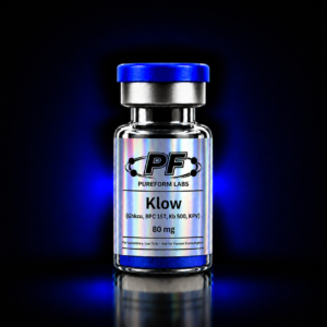 KLOW™ – GHK-Cu + BPC-157 + TB-500 + KPV Research Blend (80mg) - PureForm Labs - PureForm Labs Glass bottle with a blue cap and holographic label: PF Pureform Labs, Klow 80 mg; For Laboratory Use Only (not for human consumption)