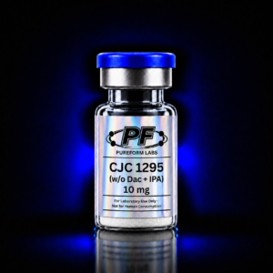 CJC-1295 (Without DAC) + Ipamorelin -10mg - PureForm Labs - PureForm Labs Glass vial with blue cap labeled PF Pureform Labs CJC 1295 (w/o DAC + IPA) 10 mg, for lab use only.