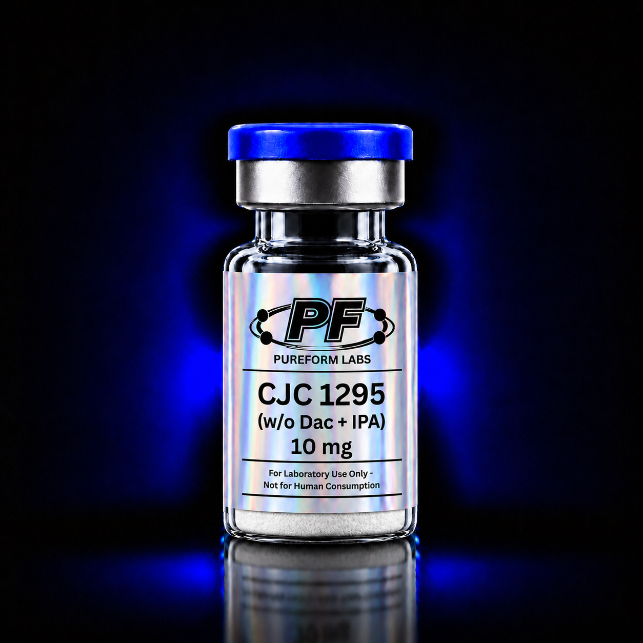 CJC-1295 (Without DAC) + Ipamorelin -10mg - PureForm Labs - PureForm Labs Glass vial with blue cap labeled PF Pureform Labs CJC 1295 (w/o DAC + IPA) 10 mg, for lab use only.