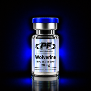 Wolverine™ – BPC-157 + TB-500 Research Blend (20mg) - PureForm Labs - PureForm Labs Vial with a blue cap labeled Wolverine, 20 mg, from Pureform Labs; for laboratory use only.