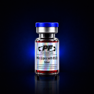 MIC (Lipo-C with B12) -10ml - PureForm Labs - PureForm Labs Glass laboratory vial with a blue cap containing red liquid, labeled PF Pureform Labs Mic (Lipo C with B12) 10ml (For Laboratory Use Only).
