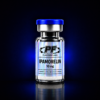Clear glass vial with a blue cap labeled IPAMORELIN 10 mg, for laboratory use only.
