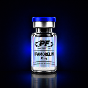 Clear glass vial with a blue cap labeled IPAMORELIN 10 mg, for laboratory use only.