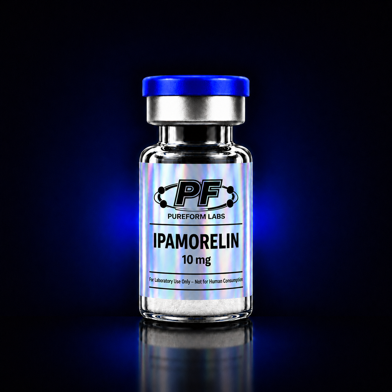 Ipamorelin -10mg - PureForm Labs - PureForm Labs Clear glass vial with a blue cap labeled IPAMORELIN 10 mg, for laboratory use only.