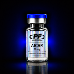 AICAR – 50mg - PureForm Labs - PureForm Labs Vial with blue cap labeled AICAR 50 mg from Pureform Labs; for laboratory use only (not for human consumption).