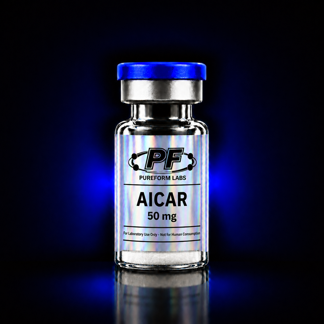 AICAR – 50mg - PureForm Labs - PureForm Labs Vial with blue cap labeled AICAR 50 mg from Pureform Labs; for laboratory use only (not for human consumption).