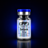 Glass vial with a bright blue cap and holographic label that reads Selank 10 mg from Pureform Labs (PF). For laboratory use only, not for human consumption.