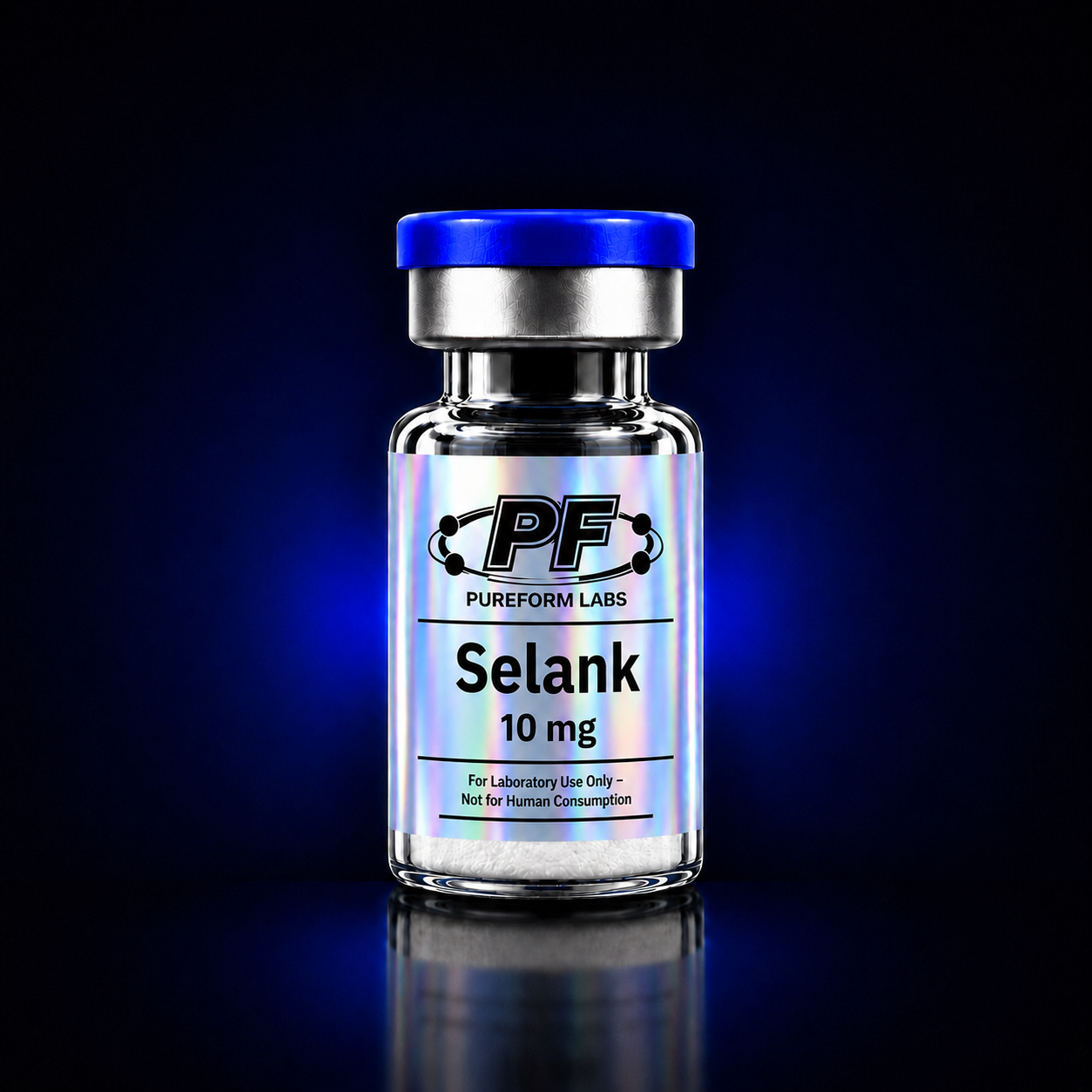 Selank – 10mg - PureForm Labs - PureForm Labs Glass vial with a bright blue cap and holographic label that reads Selank 10 mg from Pureform Labs (PF). For laboratory use only, not for human consumption.