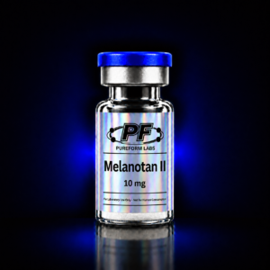 Melanotan II -10mg - PureForm Labs - PureForm Labs Small glass vial with a blue cap containing red liquid and a holographic label reading 'Melanotan II 10mg' from Pureform Labs, on a dark background.
