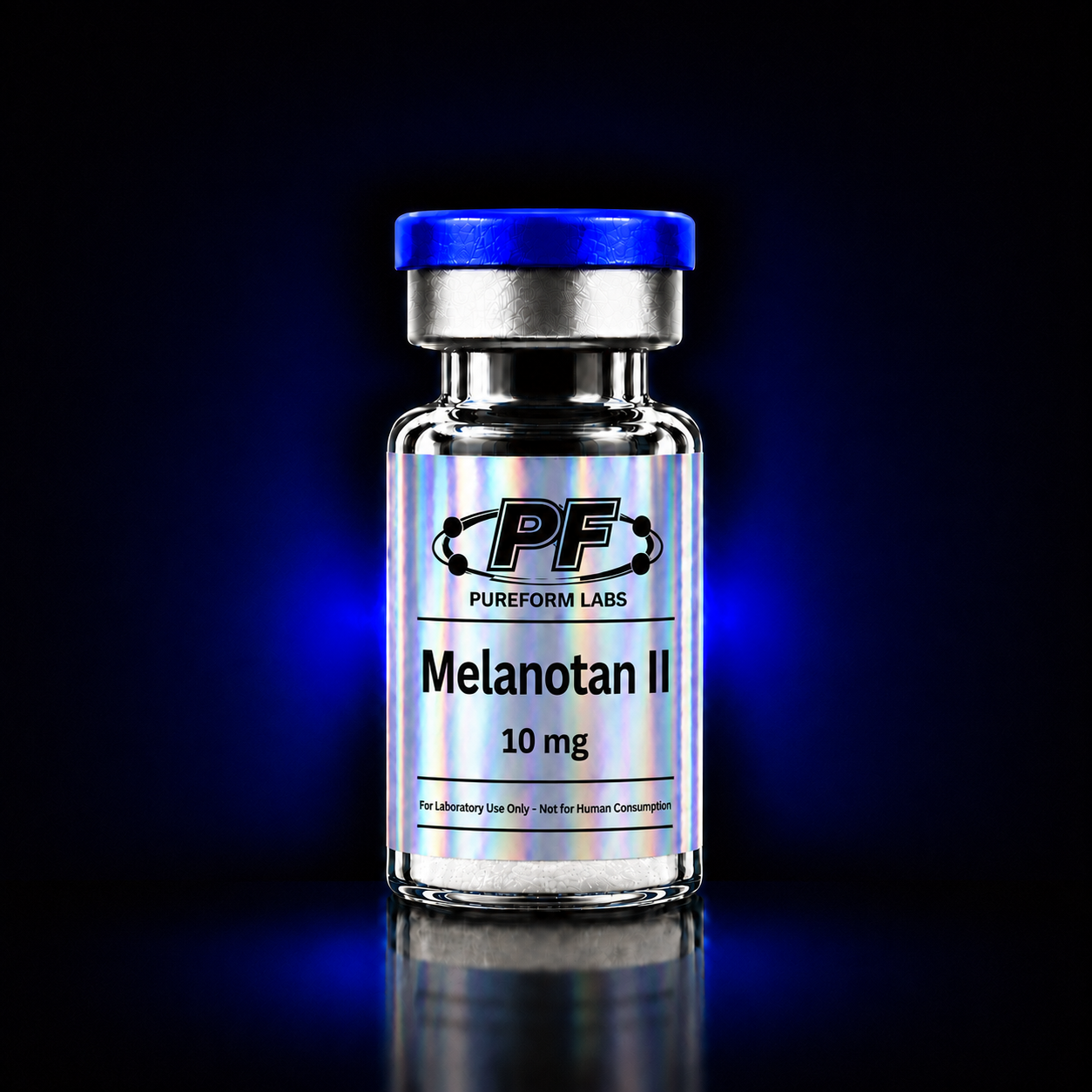 Melanotan II -10mg - PureForm Labs - PureForm Labs Small glass vial with a blue cap containing red liquid and a holographic label reading 'Melanotan II 10mg' from Pureform Labs, on a dark background.