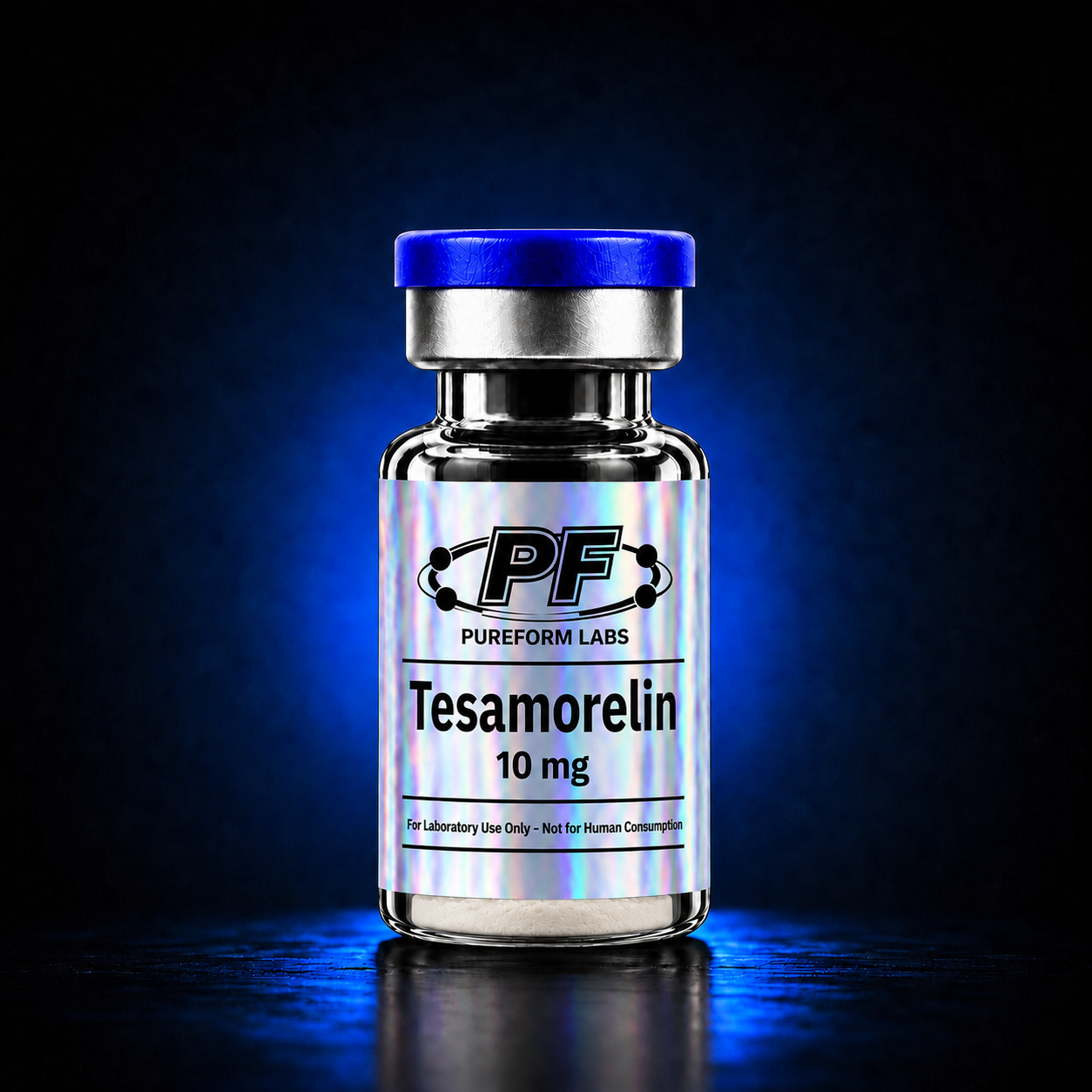 Tesamorelin – 10mg - PureForm Labs - PureForm Labs Vial labeled Tesamorelin 10 mg from PureForm Labs, silver bottle with blue cap, glowing blue background in dark studio light.