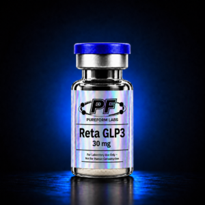 Glass vial with blue cap and holographic label reading 'Reta GLP3 30 mg' from PureForm Labs; for laboratory use only.