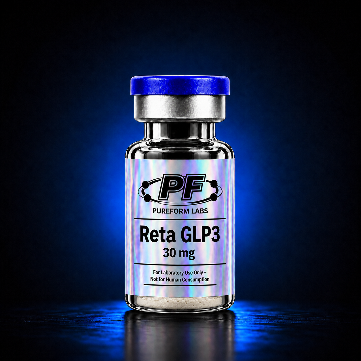 Retatrutide (GLP-1/GIP/Glucagon) – 30mg - PureForm Labs - PureForm Labs Glass vial with blue cap and holographic label reading 'Reta GLP3 30 mg' from PureForm Labs; for laboratory use only.