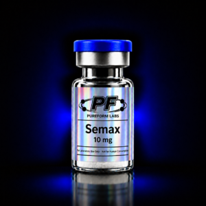 Semax – 10mg - PureForm Labs - PureForm Labs A glass vial with a blue cap labeled 'Semax 10 mg' from PureForm Labs, glowing blue background behind it.