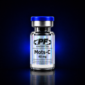 Mots-C (40mg) - PureForm Labs - PureForm Labs A glass vial with a blue cap labeled PF Pureform Labs Mots-C 40 mg; note says For Laboratory Use Only—Not for Human Consumption.