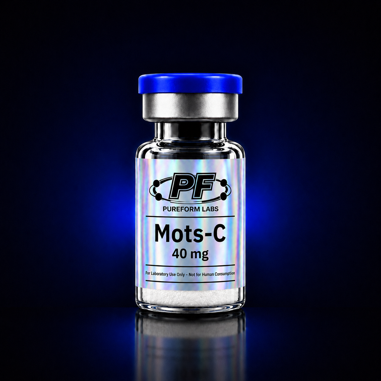 Mots-C (40mg) - PureForm Labs - PureForm Labs A glass vial with a blue cap labeled PF Pureform Labs Mots-C 40 mg; note says For Laboratory Use Only—Not for Human Consumption.