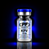 Glass vial with a blue cap and holographic label reading 'KPV 10 mg' from Pureform Labs, for laboratory use only—not for human consumption, set against a dark blue glow.