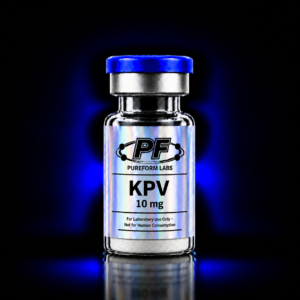 KPV – 10mg - PureForm Labs - PureForm Labs Glass vial with a blue cap and holographic label reading 'KPV 10 mg' from Pureform Labs, for laboratory use only—not for human consumption, set against a dark blue glow.