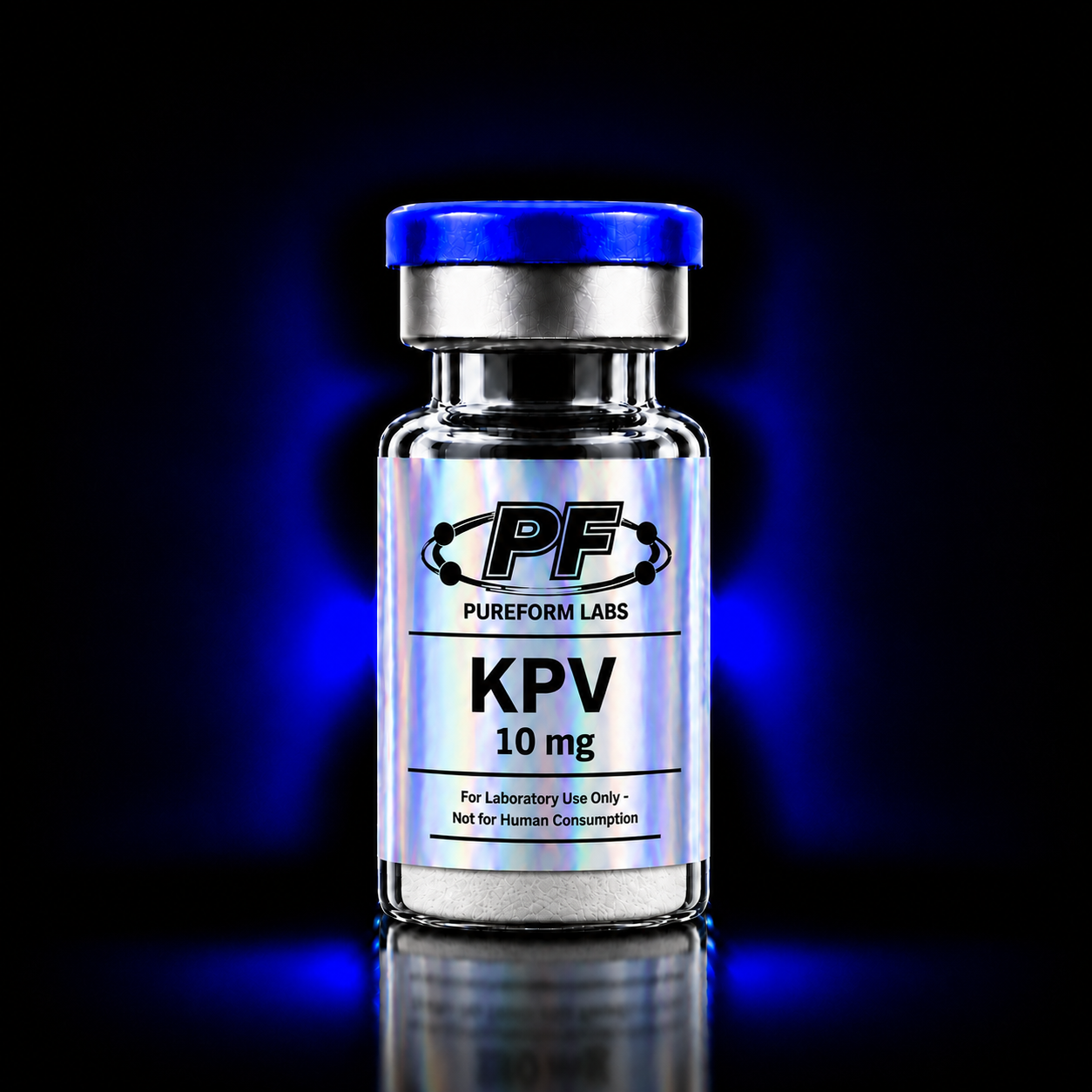 KPV – 10mg - PureForm Labs - PureForm Labs Glass vial with a blue cap and holographic label reading 'KPV 10 mg' from Pureform Labs, for laboratory use only—not for human consumption, set against a dark blue glow.