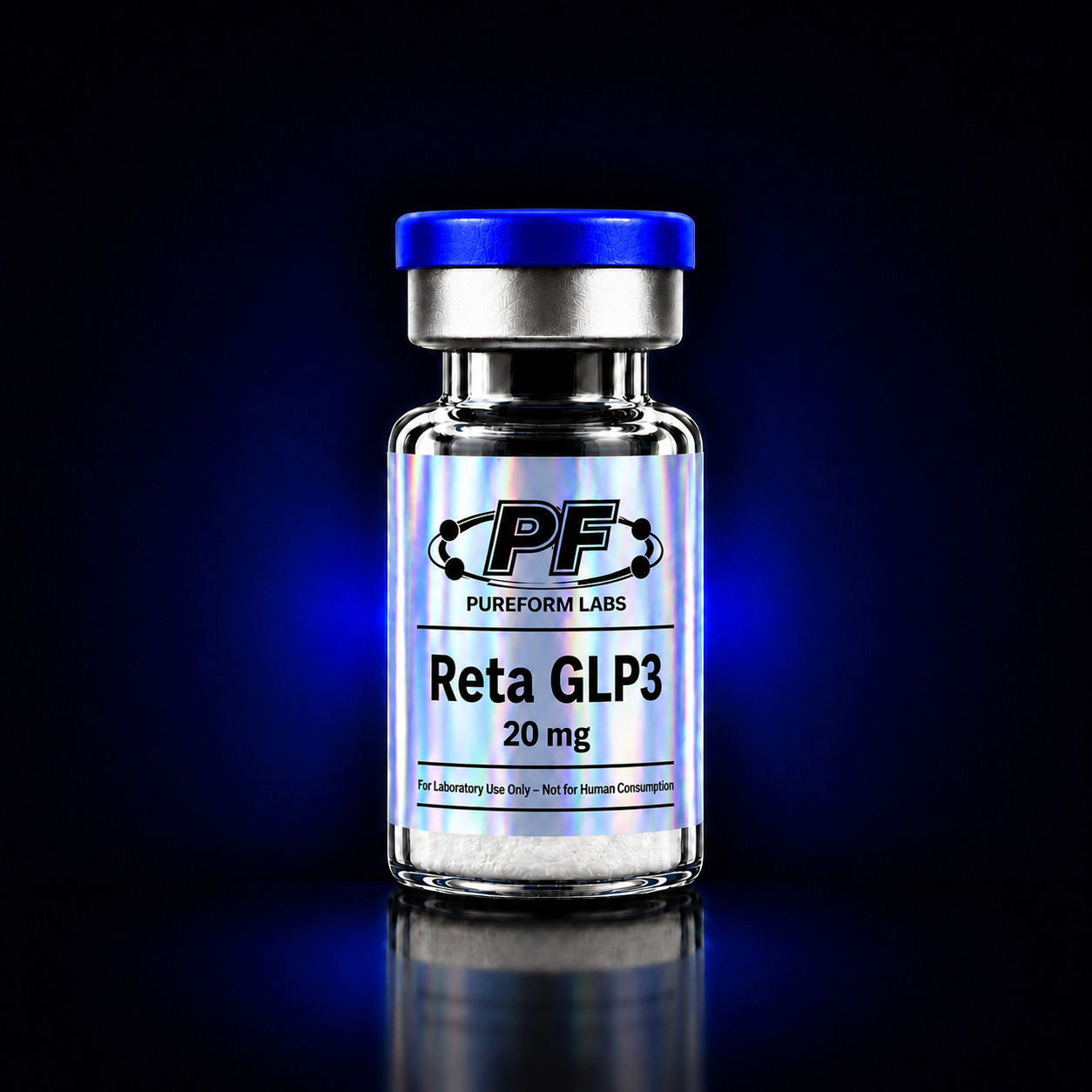 Retatrutide (GLP-1/GIP/Glucagon) – 20mg - PureForm Labs - PureForm Labs Glass laboratory vial with a blue cap, labeled PF PureForm Labs Reta GLP3 20 mg (for laboratory use only).