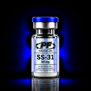 SS-31 – 50mg - PureForm Labs - PureForm Labs Vial with a blue cap and holographic label reading SS-31 50 mg, Pureform Labs; for laboratory use only.