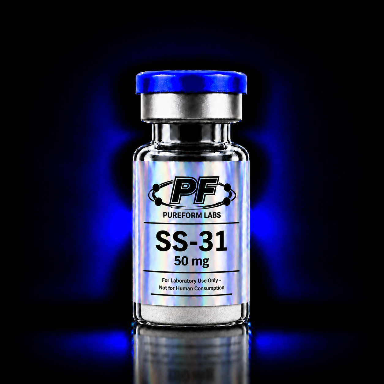 SS-31 – 50mg - PureForm Labs - PureForm Labs Vial with a blue cap and holographic label reading SS-31 50 mg, Pureform Labs; for laboratory use only.