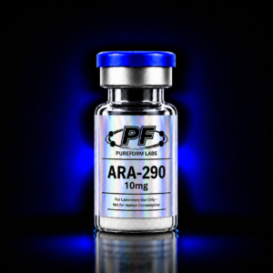 89f927c7-263a-4c4e-9f4d-dd1a7ec4a91c - PureForm Labs Glass vial with a blue cap, labeled 'ARA-290 10mg' from Pureform Labs; for laboratory use only (not for human consumption).