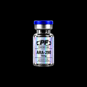 Glass vial with a blue cap and holographic label reading PF Pureform Labs ARA-290, 10 mg (For Laboratory Use Only).