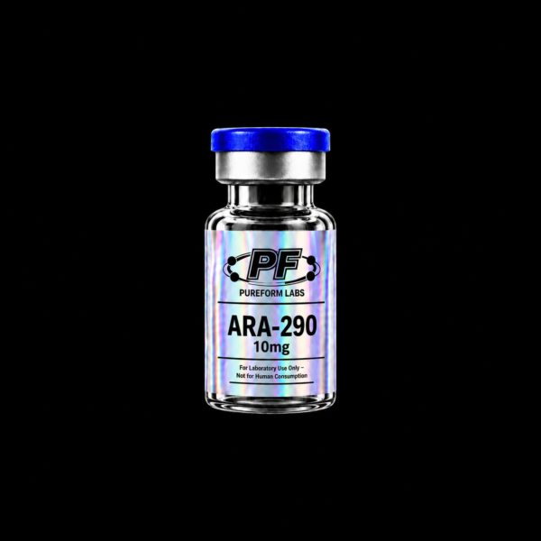 ARA-290 - PureForm Labs Glass vial with a blue cap and holographic label reading PF Pureform Labs ARA-290, 10 mg (For Laboratory Use Only).