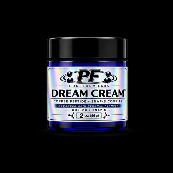 PureForm Labs Dream Cream – GHK-Cu + SNAP-8 Peptide Tallow Cream - PureForm Labs Blue glass jar with black lid containing Dream Cream by PureForm Labs, holographic label visible against black background (2 oz/56 g).