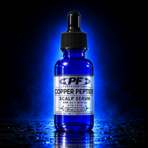 Copper Peptide Scalp Serum - PureForm Labs - A glass vial with a black dropper top labeled PF Pureform Labs Copper Scalp Serum