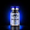 Glass vial with a blue cap, reflecting light, labeled Epithalon 50 mg from PureForm Labs, designed for laboratory use only (not for human consumption).